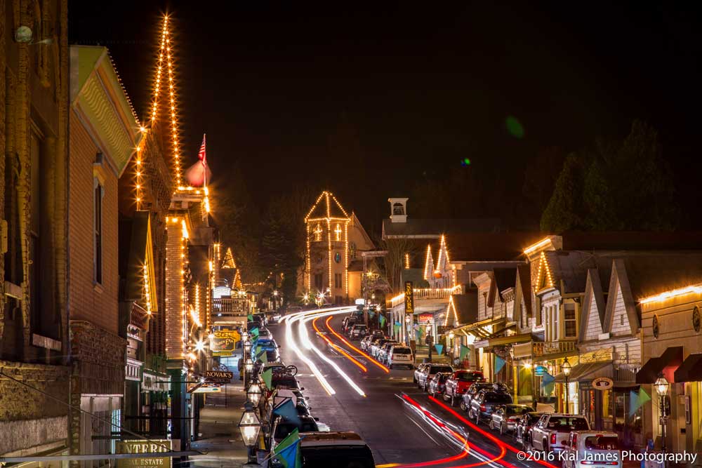 Downtown Nevada City at night all lit up! Photographed with traffic streaks.