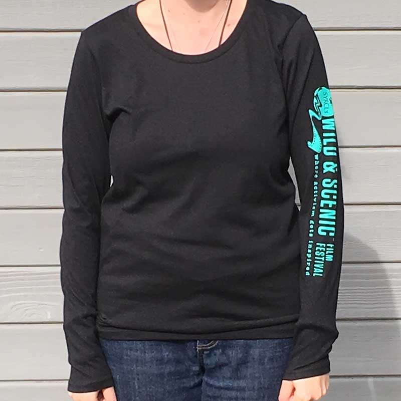 Long sleeve shirt with teal lettering on the arm